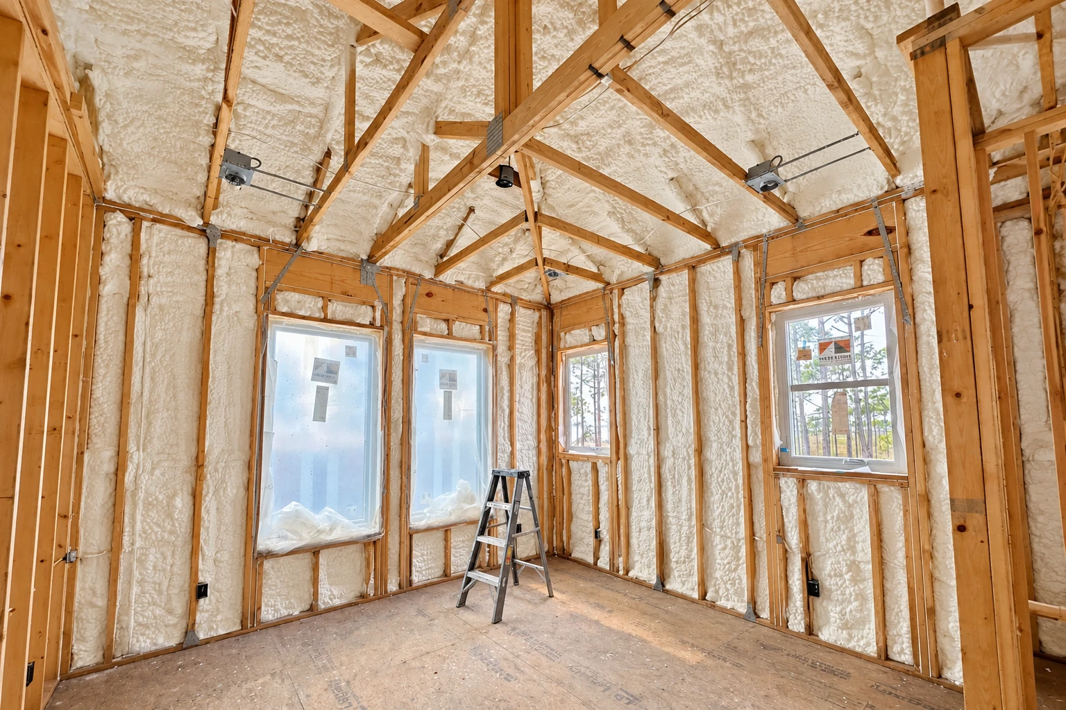Unfinished room with exposed framing and white foam insulation coating the walls and roof.