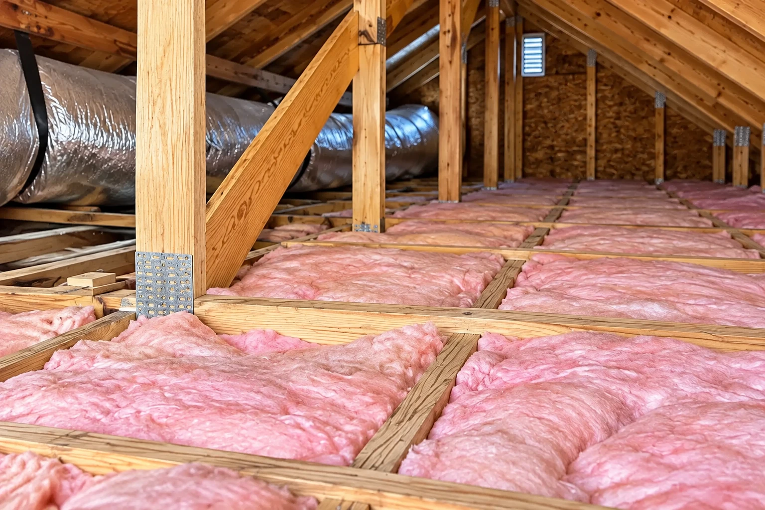 Pink fiberglass batts cover an attic floor between wooden joists, with exposed framing and a large metal duct.
