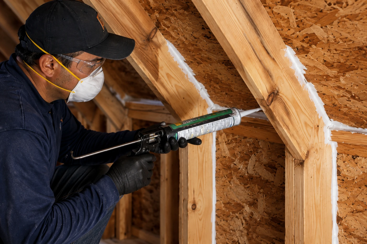 A worker uses a caulking gun to seal gaps between wooden rafters in an attic.