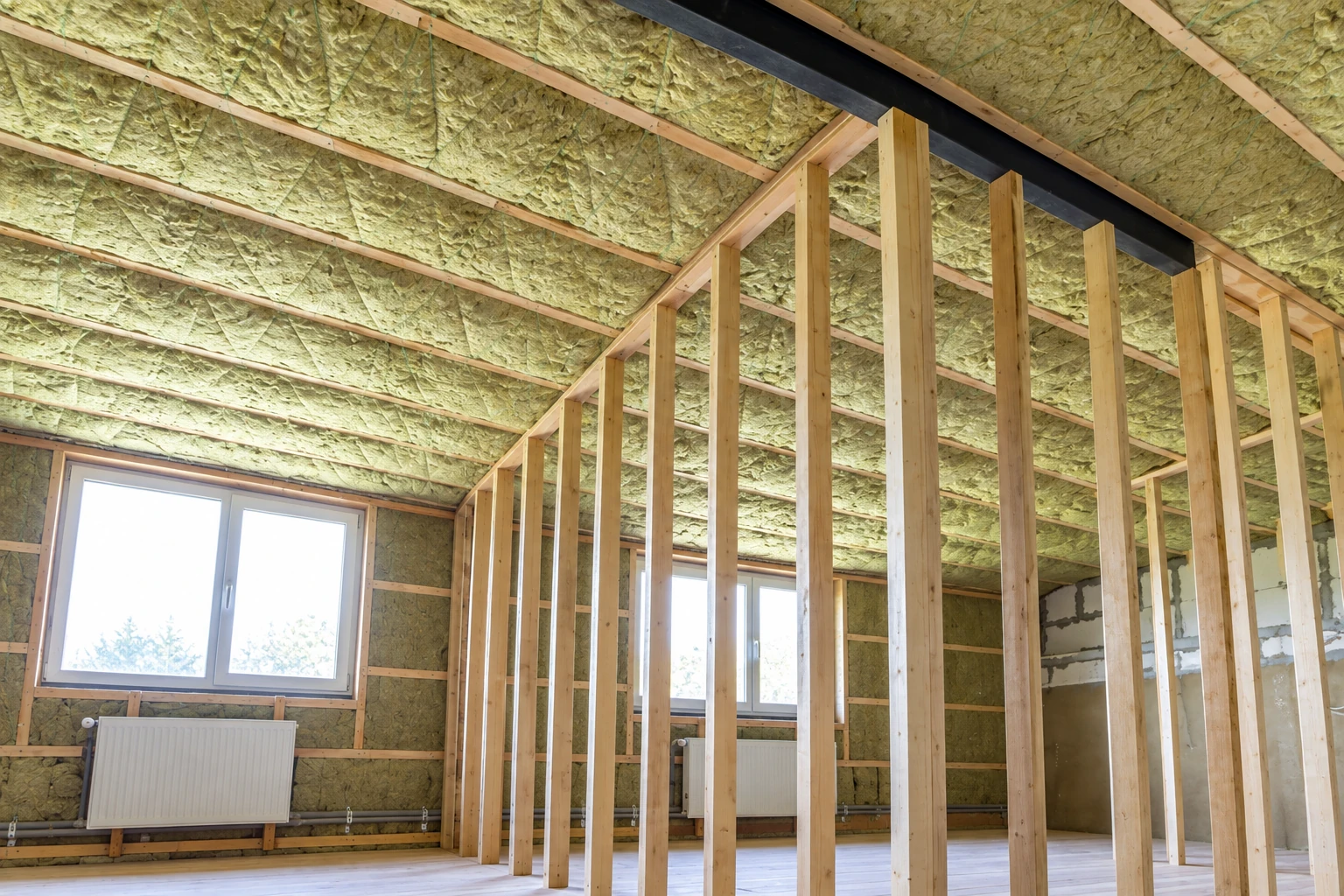 Attic insulation fills the roof framing above an unfinished room with exposed wooden studs and windows.