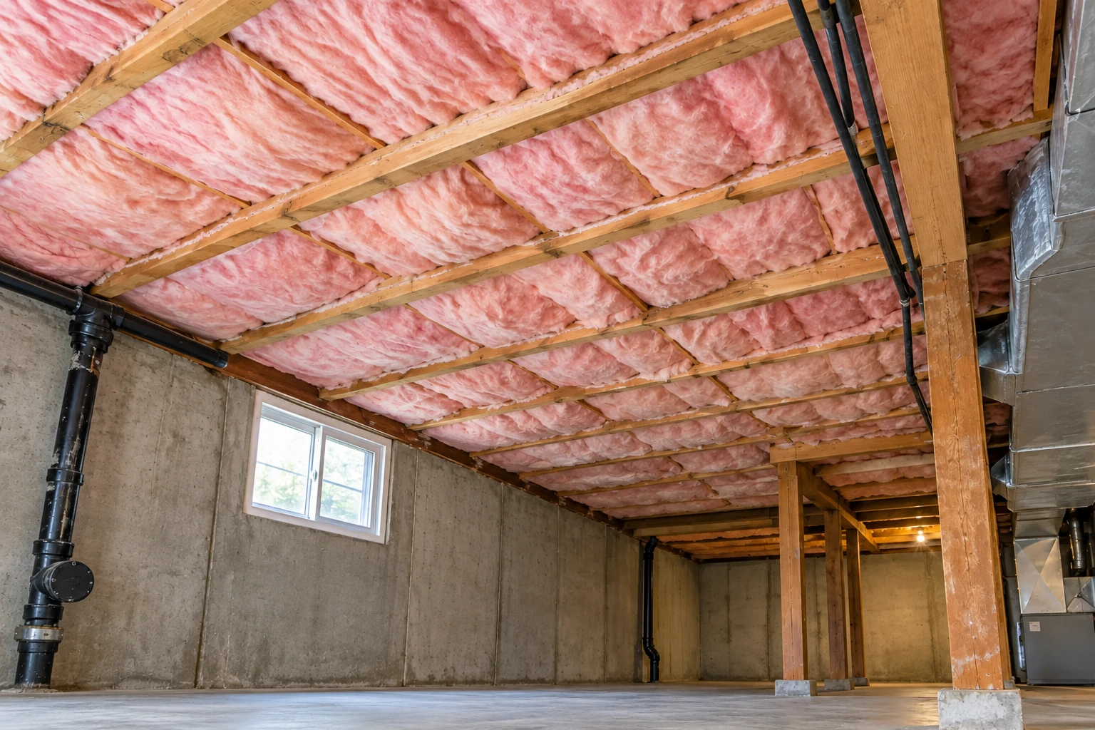 Basement with pink batt insulation fitted between ceiling joists above a concrete floor.