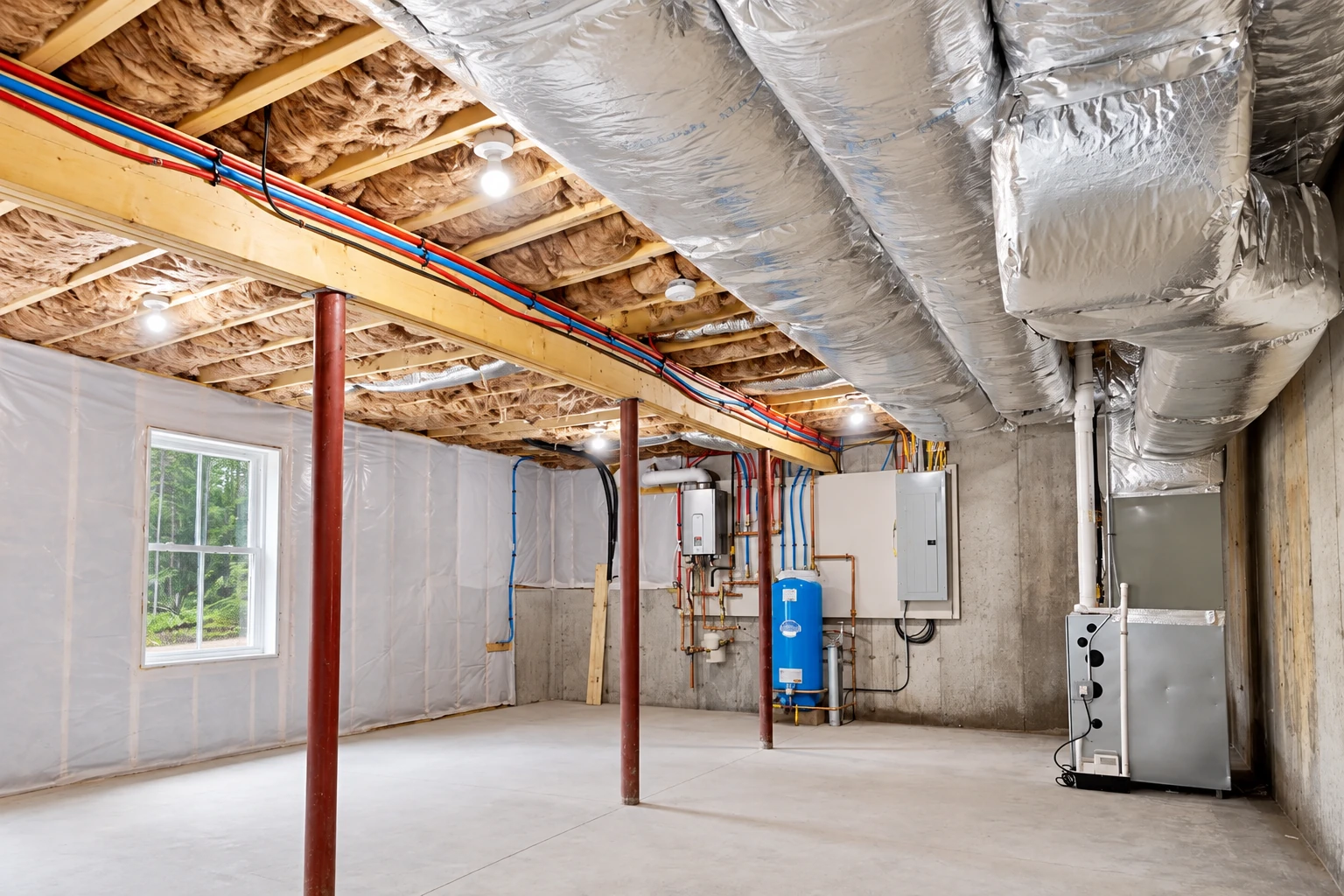 An unfinished basement has fiberglass insulation between ceiling joists, large silver ducts and exposed plumbing.