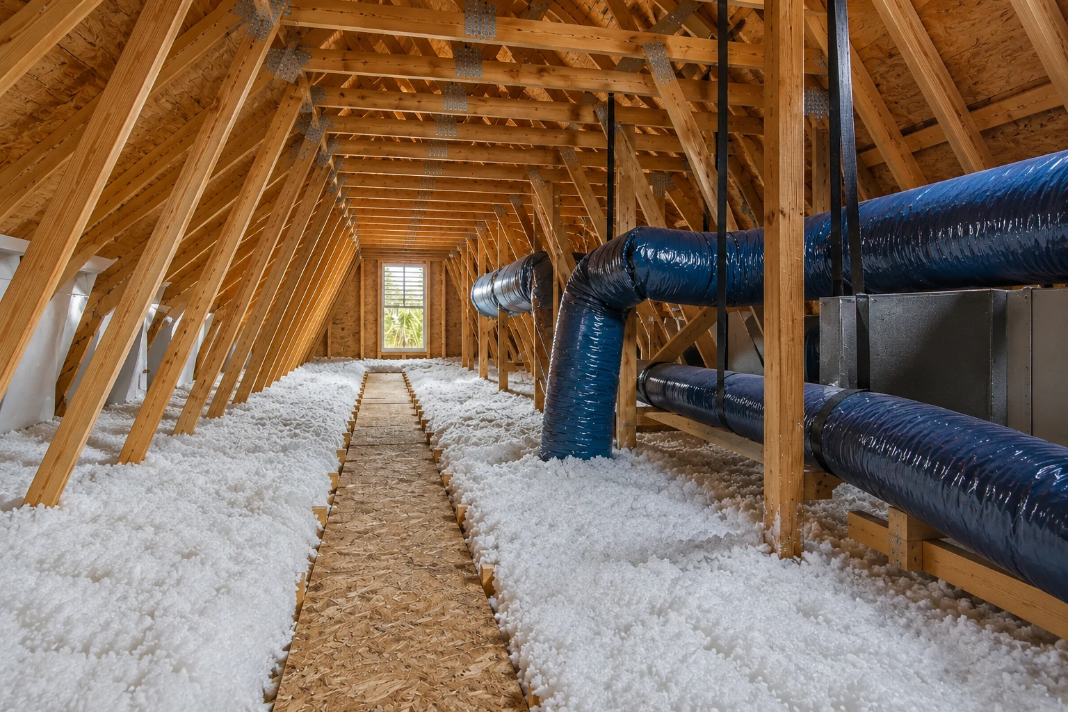 Loose-fill blown-in insulation covers the attic floor around a narrow walkway and large ventilation ducts.