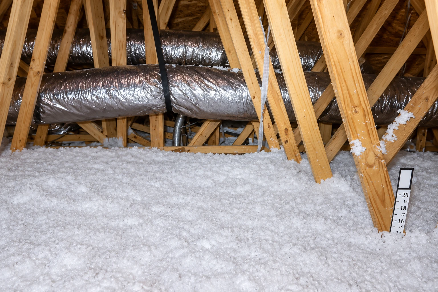 White blown-in insulation covers an attic floor beneath wooden roof trusses and a large duct.