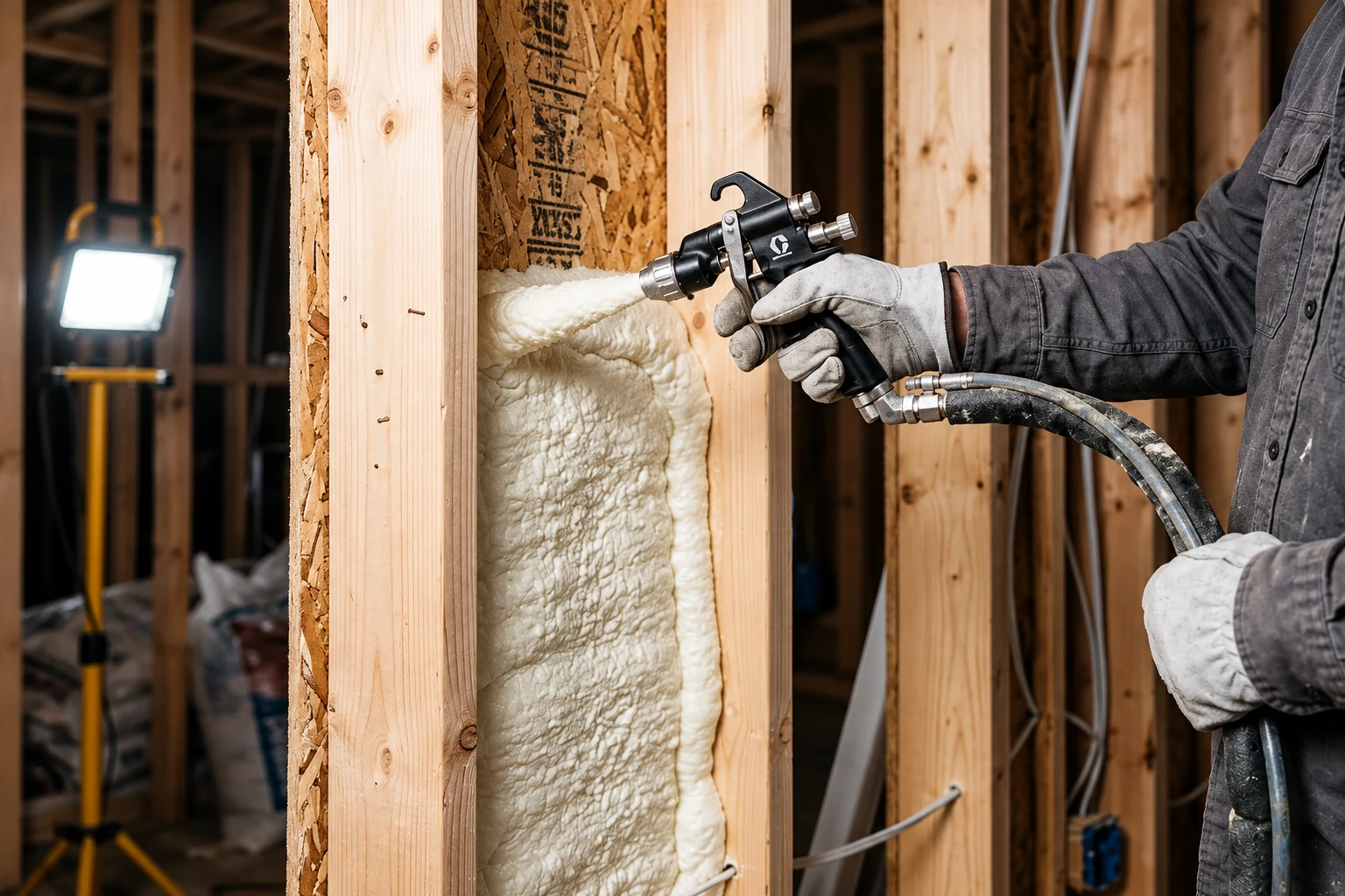 Worker sprays expanding foam insulation into a wooden wall cavity using a hose-connected spray gun.