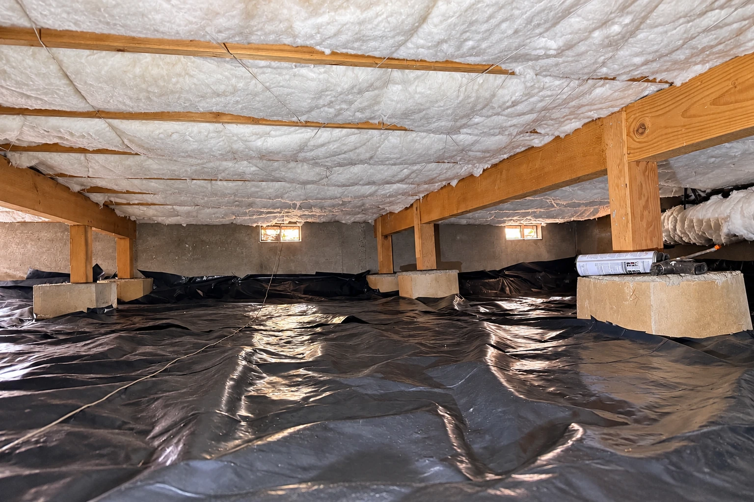 Crawl space with white insulation between ceiling joists and black plastic vapor barrier covering the floor.