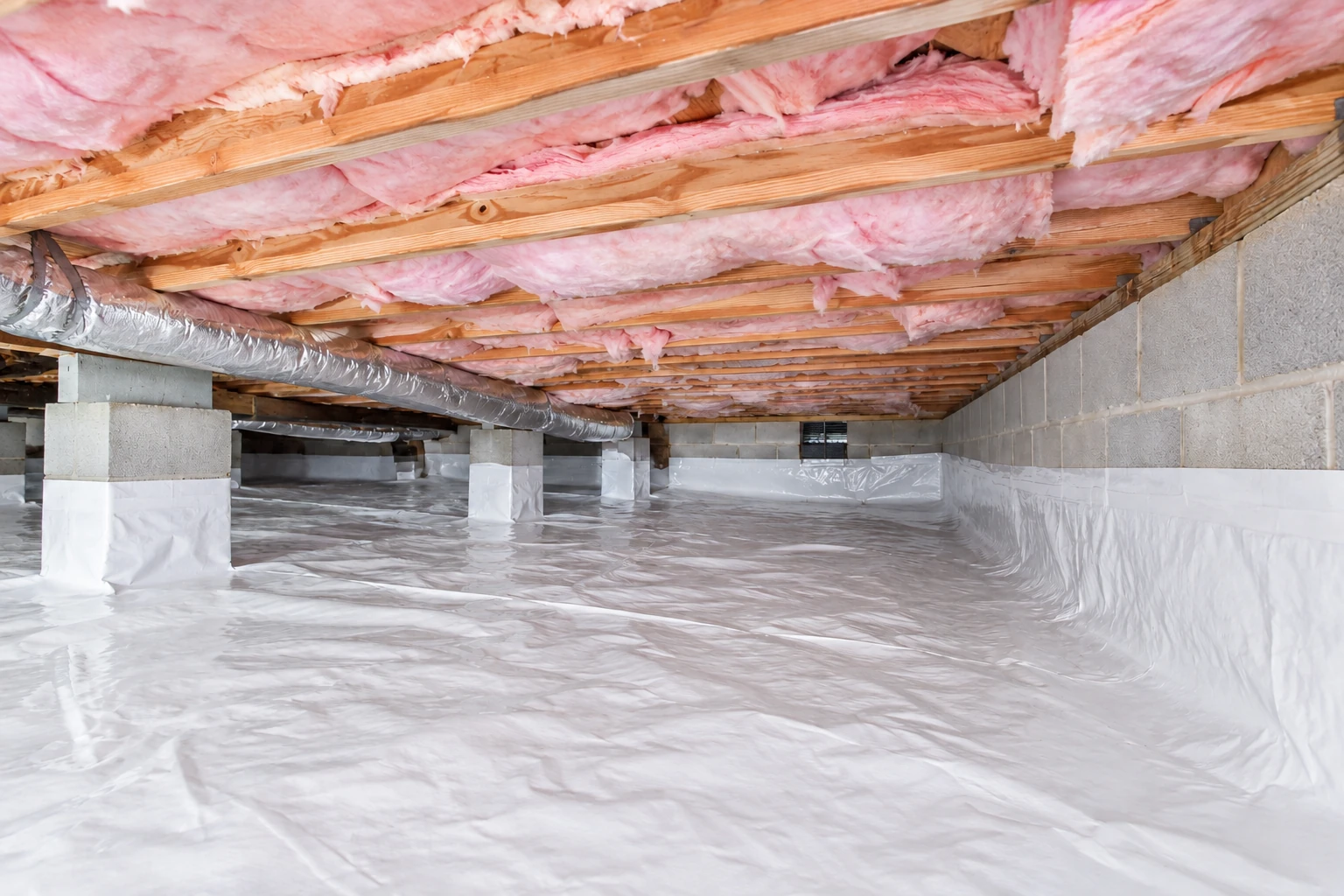 A crawl space has pink insulation between floor joists and white plastic sheeting covering the ground and lower walls.