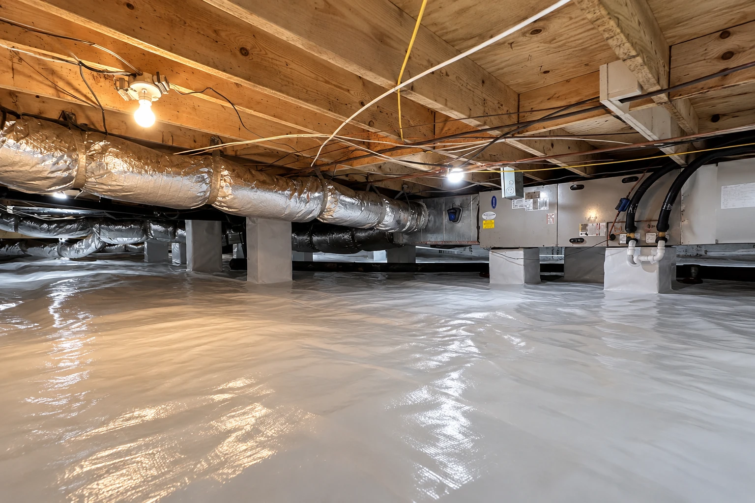 A crawl space has a reflective vapor barrier covering the floor beneath exposed joists, ducts and pipes.