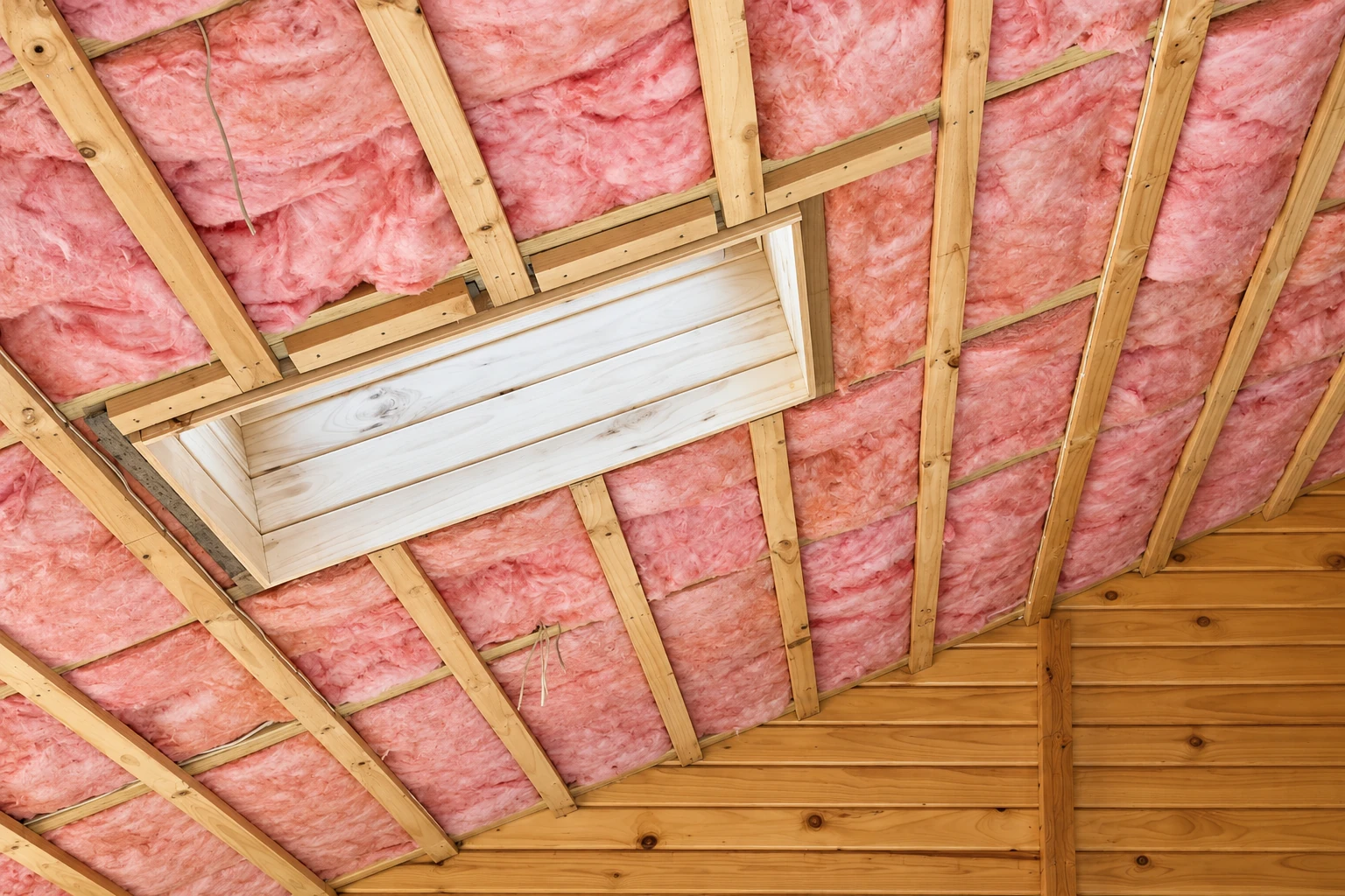 Pink fiberglass batts fill the roof rafters around a rectangular attic opening.