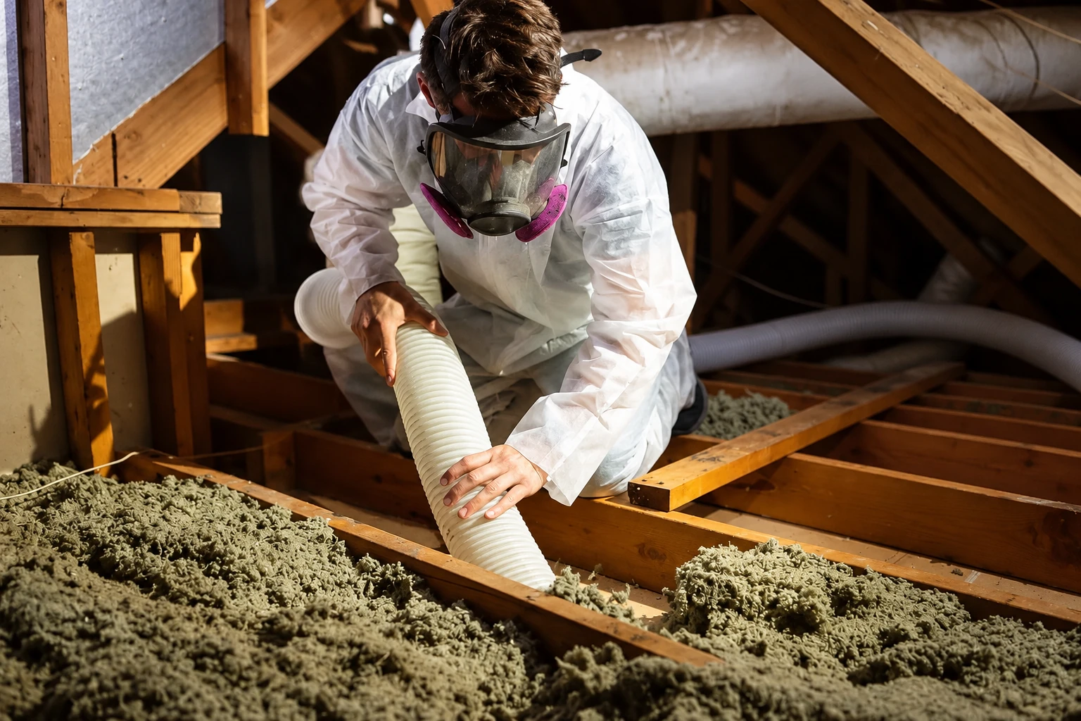 A worker in protective gear vacuums loose attic insulation through a wide hose.