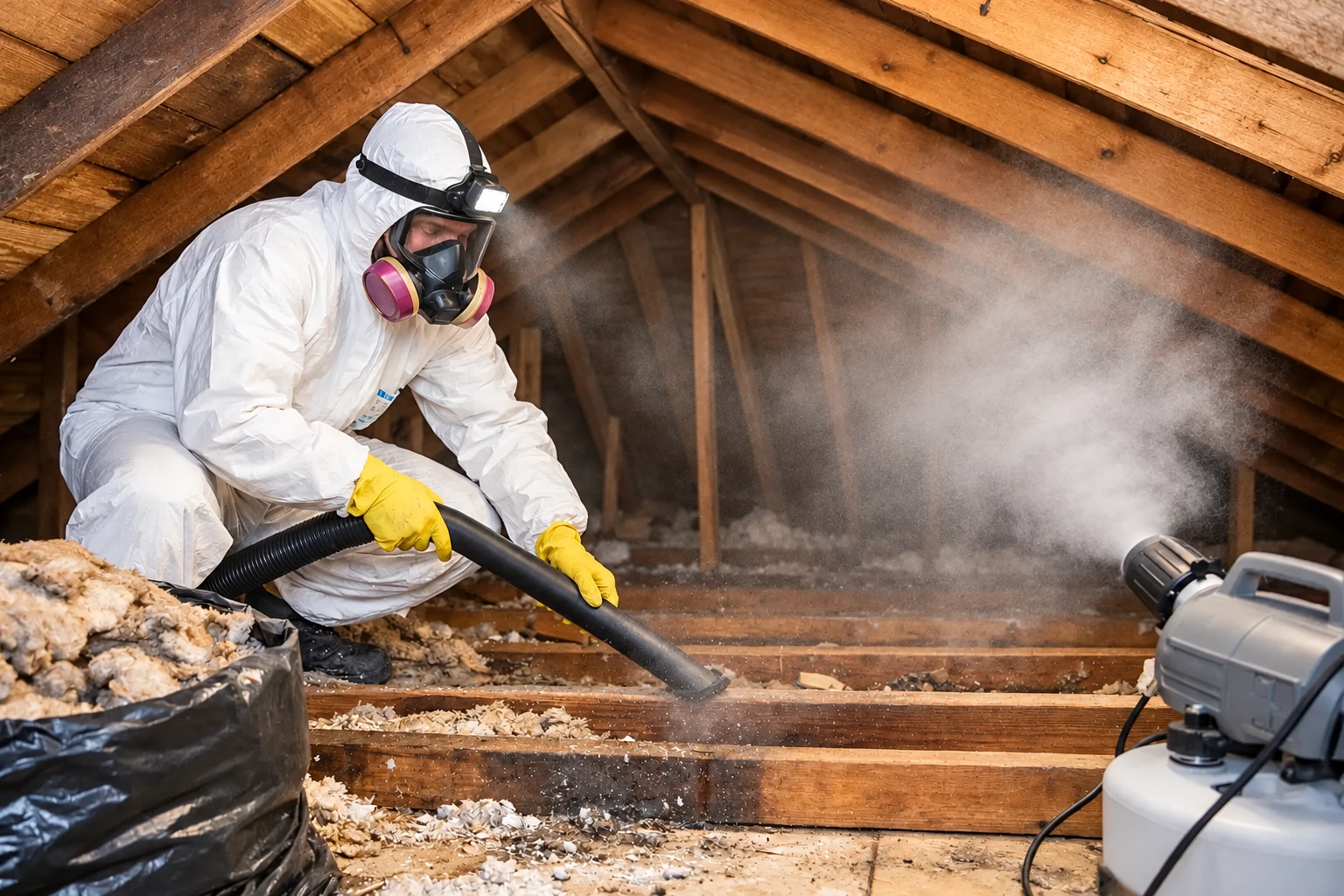A worker in protective coveralls vacuums loose attic insulation into a hose beside a collection machine.