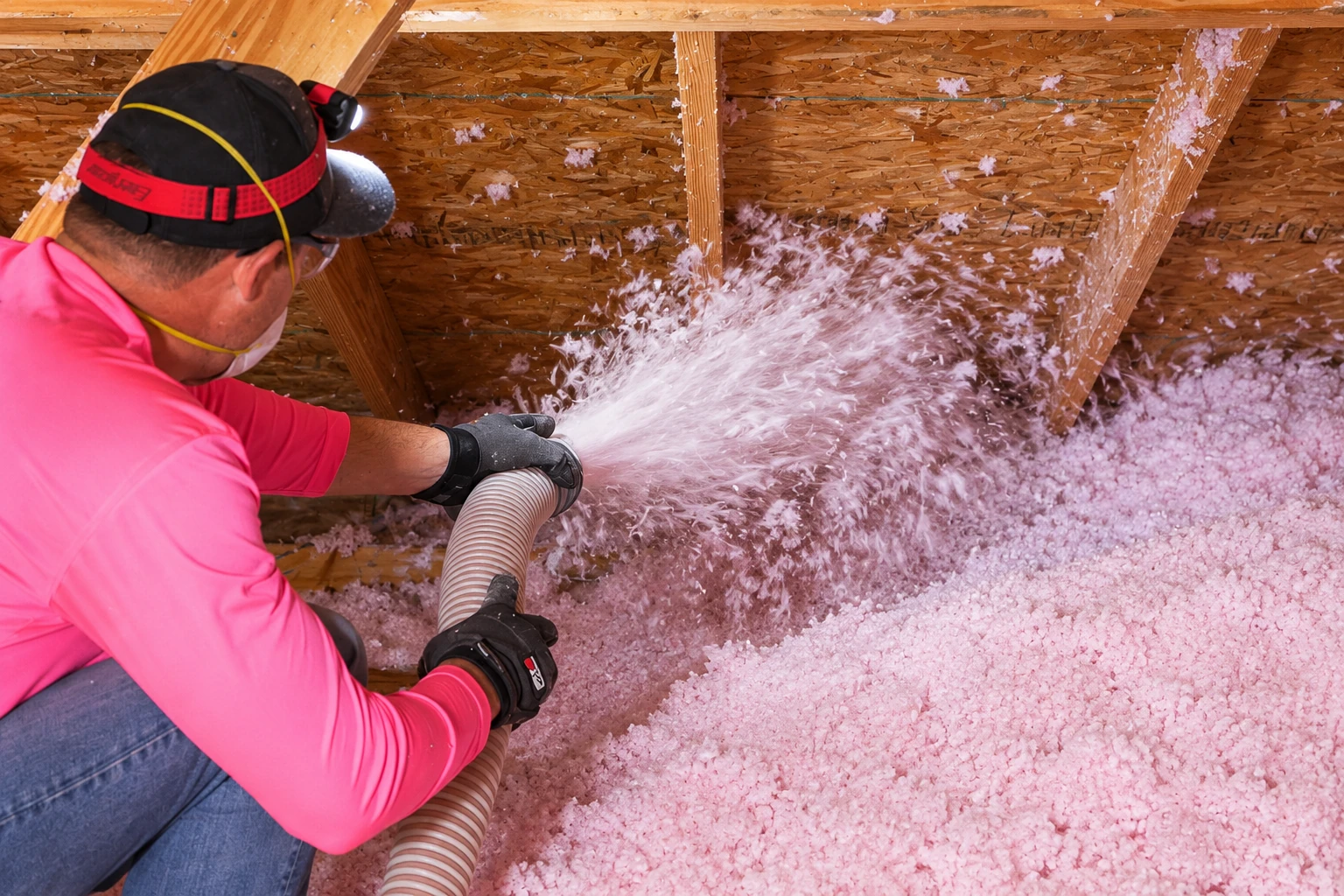 A worker directs a hose to blow pink loose-fill insulation across an attic floor between exposed wooden roof joists.