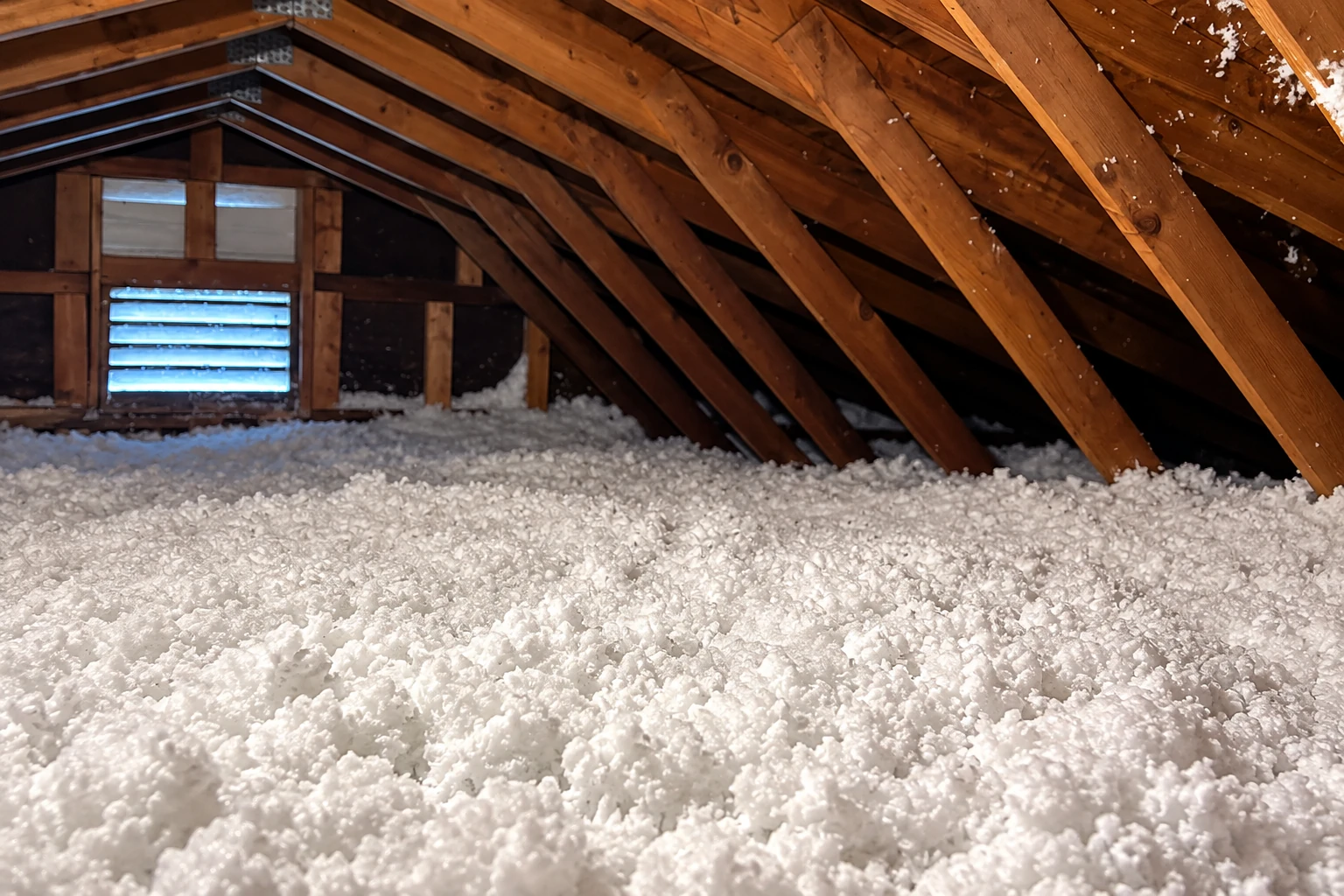 A thick layer of loose-fill insulation covers the floor of an attic with exposed wooden rafters.
