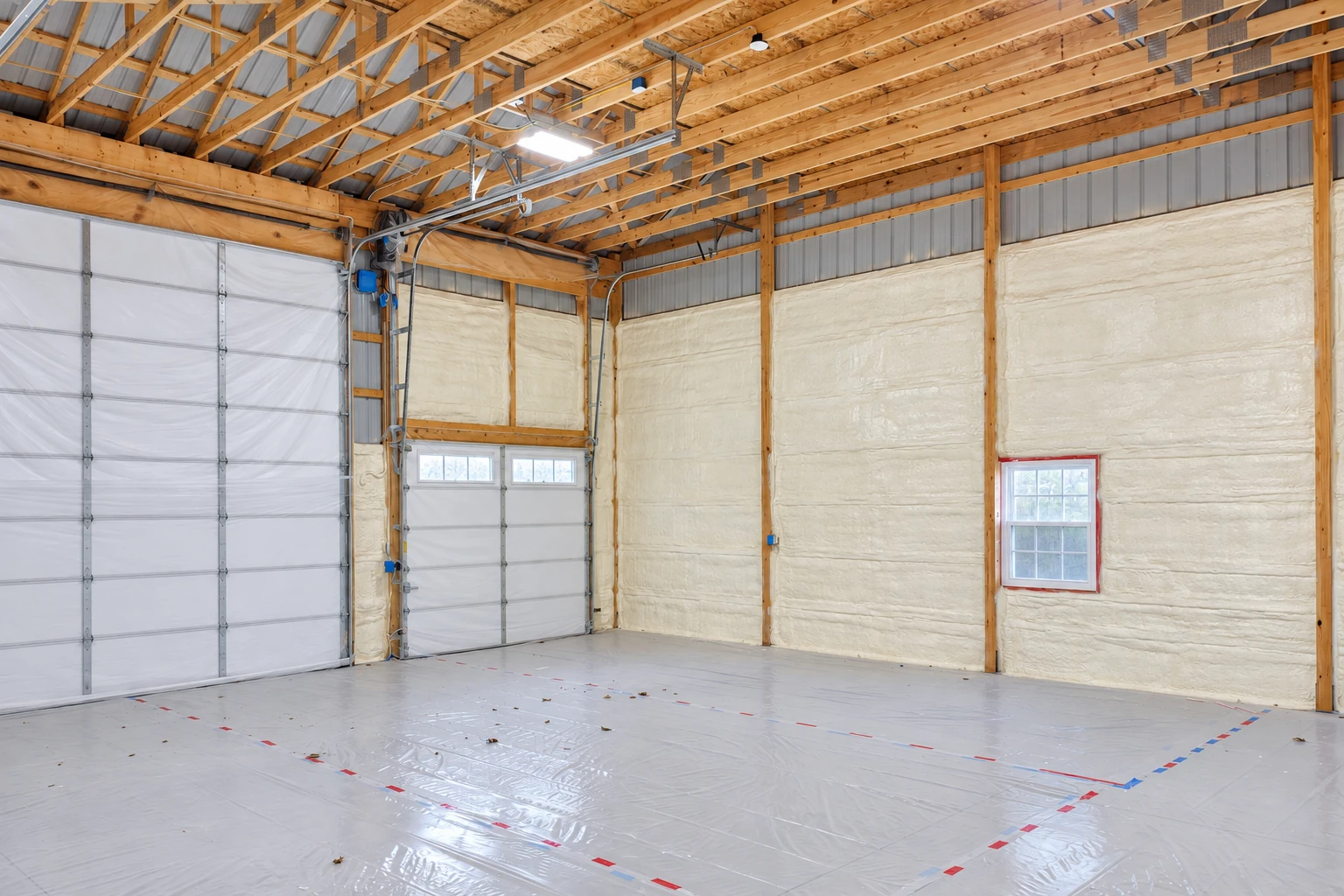 Spray foam insulation covers the walls of a large garage, with exposed wooden roof trusses and two garage doors.