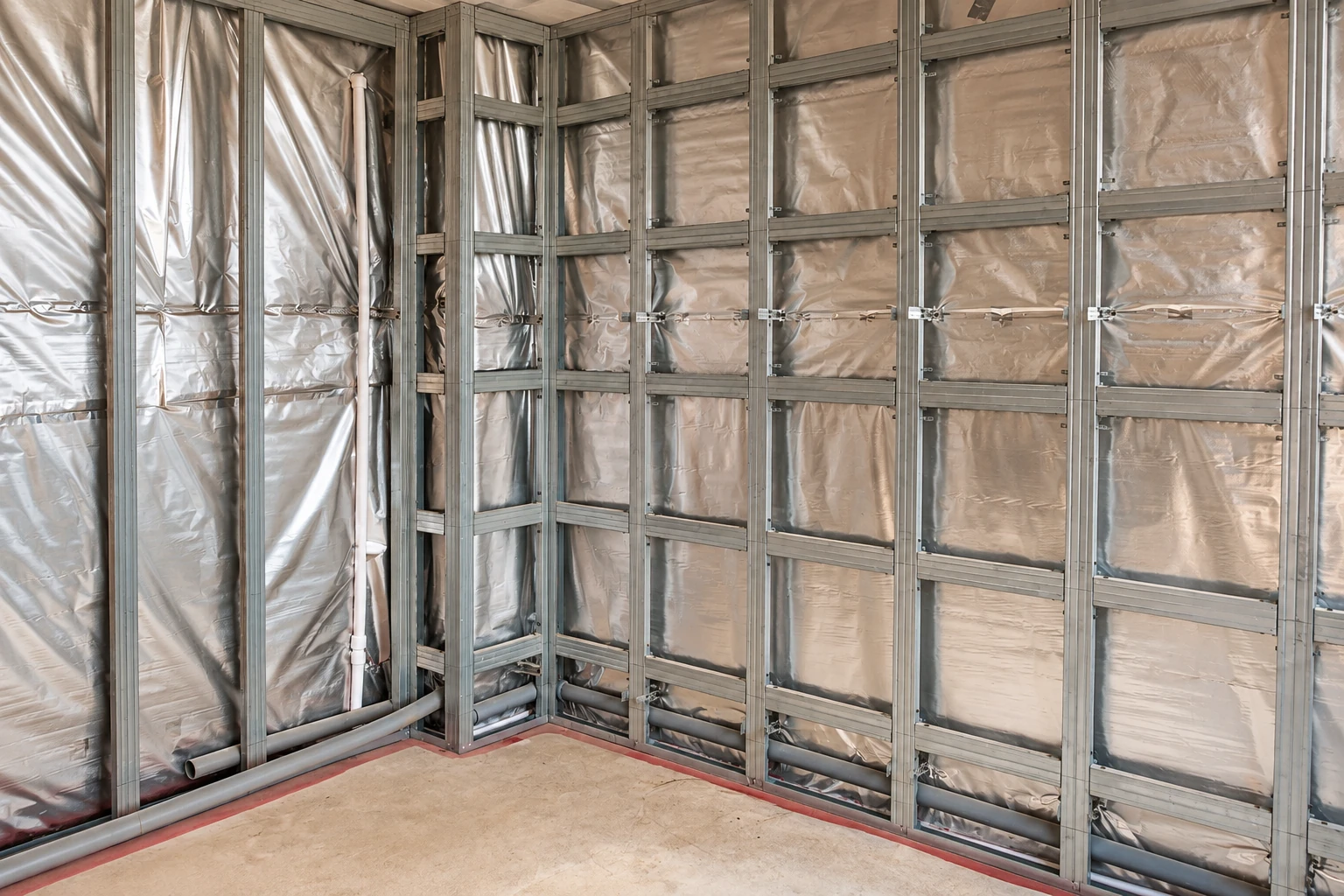 Reflective vapor barrier is fitted behind metal framing on the walls of an unfinished room.