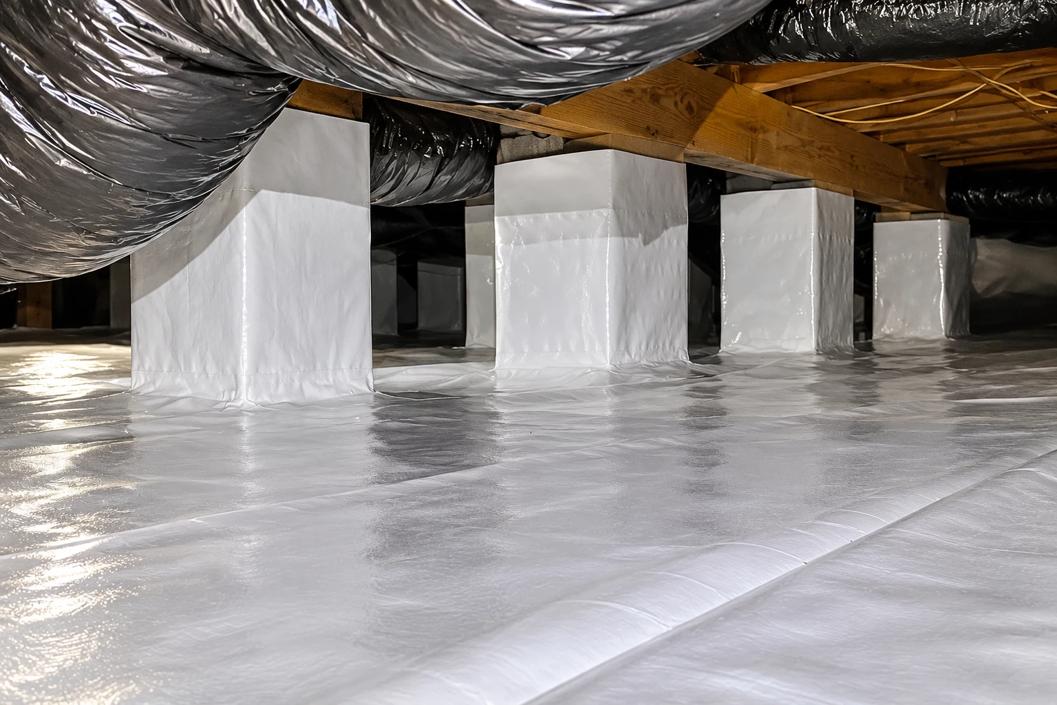 White vapor barrier sheeting covers the floor and piers beneath exposed wooden floor joists and ducts.