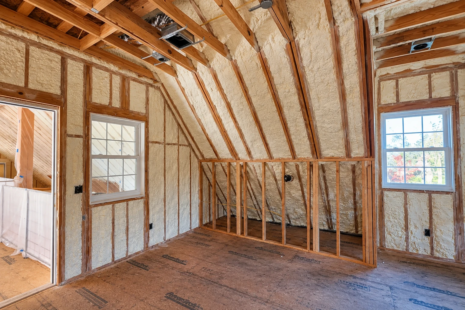 Cream-colored spray foam fills the exposed wall and roof framing of an unfinished room with two windows.